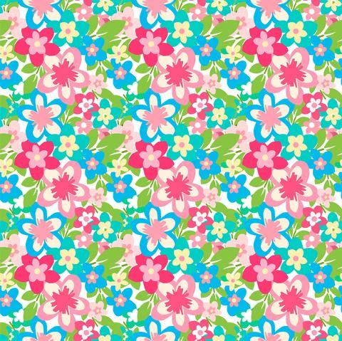 Seamless gorgeous charming pattern pink and blue flowers, greenery. Exotic Stock Illustration