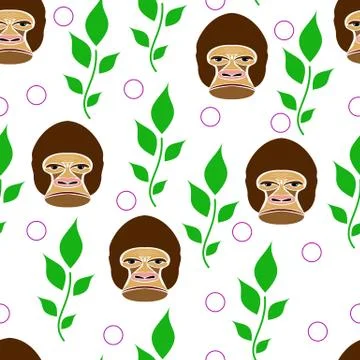 Seamless of gorilla portrait on white background with green branches Stock Illustration