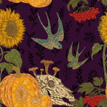 Seamless gothic autumn harvest pattern with skull, pumpkin, sunflower, swallo イラスト素材