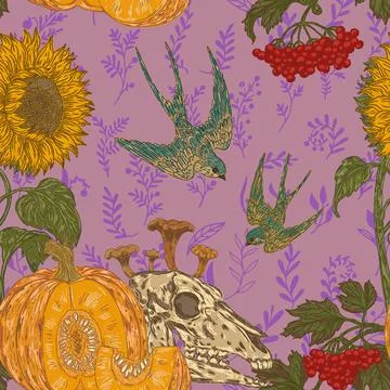 Seamless gothic autumn harvest pattern with skull, pumpkin, sunflower, swallo Stock Illustration