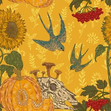 Seamless gothic autumn harvest pattern with skull, pumpkin, sunflower, swallo Stock Illustration