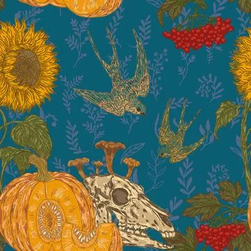 Seamless gothic autumn harvest pattern with skull, pumpkin, sunflower, swallo Stock Illustration