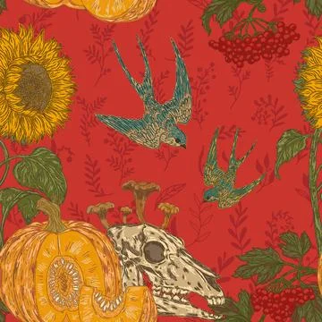 Seamless gothic autumn harvest pattern with skull, pumpkin, sunflower, swallo Stock Illustration