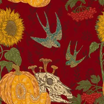 Seamless gothic autumn harvest pattern with skull, pumpkin, sunflower, swallo Stock Illustration