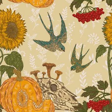 Seamless gothic autumn harvest pattern with skull, pumpkin, sunflower, swallo Illustrazione stock