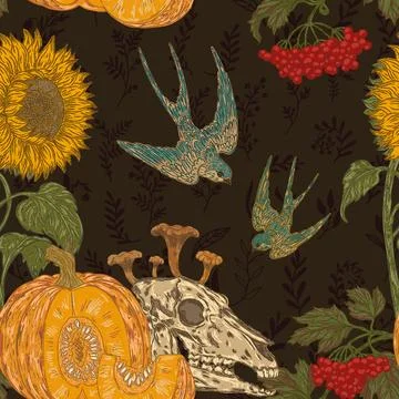 Seamless gothic autumn harvest pattern with skull, pumpkin, sunflower, swallo 스톡 일러스트