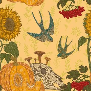 Seamless gothic autumn harvest pattern with skull, pumpkin, sunflower, swallo 스톡 일러스트