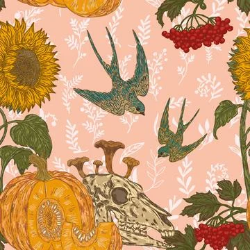 Seamless gothic autumn harvest pattern with skull, pumpkin, sunflower, swallo Stock Illustration