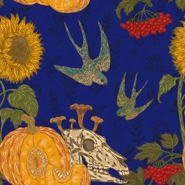 Seamless gothic autumn harvest pattern with skull, pumpkin, sunflower, swallo 스톡 일러스트