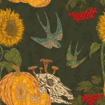 Seamless gothic autumn harvest pattern with skull, pumpkin, sunflower, swallo Stock Illustration