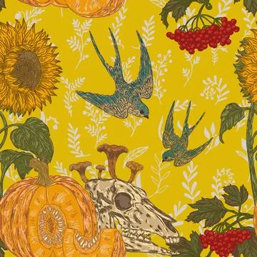 Seamless gothic autumn harvest pattern with skull, pumpkin, sunflower, swallo Stock Illustration