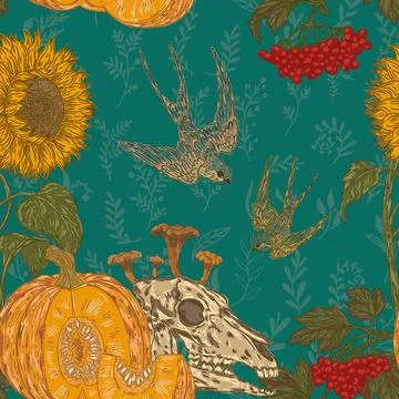Seamless gothic autumn harvest pattern with skull, pumpkin, sunflower, swallo Ilustración de archivo