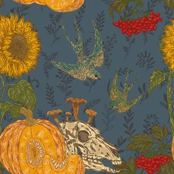 Seamless gothic autumn harvest pattern with skull, pumpkin, sunflower, swallo Stock Illustration