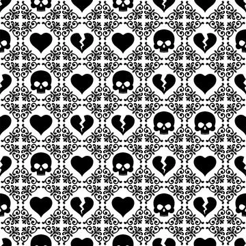 Seamless gothic pattern with hearts, broken hearts, skulls, and ornaments, .. Illustrazione stock