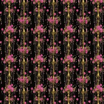 Seamless gothic pattern pink flowers in golden candlesticks, leaves and stems Ilustración de archivo