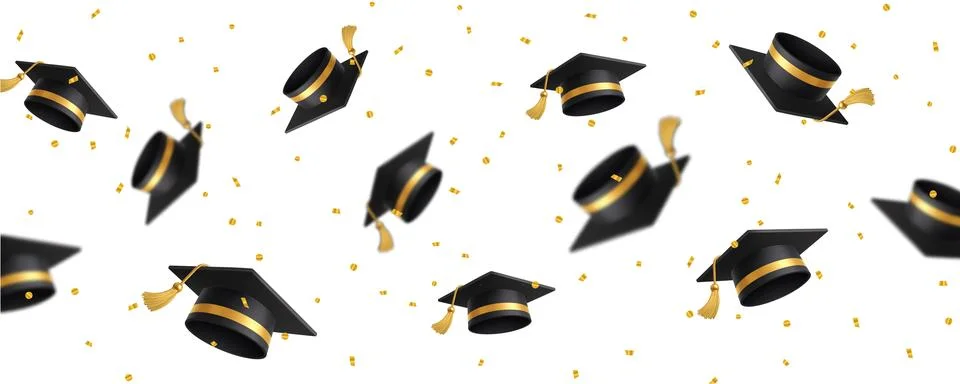 Seamless graduation pattern with floating mortarboard caps and golden confetti Stock Illustration