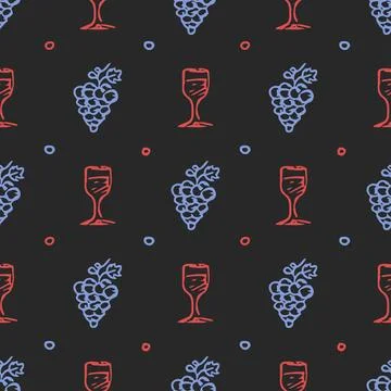 Seamless grape pattern. Doodle vector with grape icons. Vintage grape pattern 스톡 일러스트