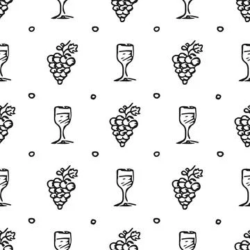 Seamless grape pattern. Doodle vector with grape icons. Vintage grape pattern Stock Illustration