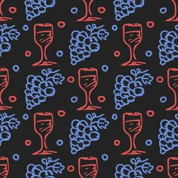Seamless grape pattern. Doodle vector with grape icons. Vintage grape pattern Stock Illustration