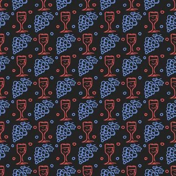 Seamless grape pattern. Doodle vector with grape icons. Vintage grape pattern Stock Illustration