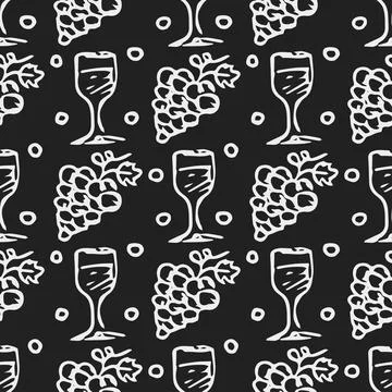 Seamless grape pattern. Doodle vector with grape icons. Vintage grape pattern Stock Illustration