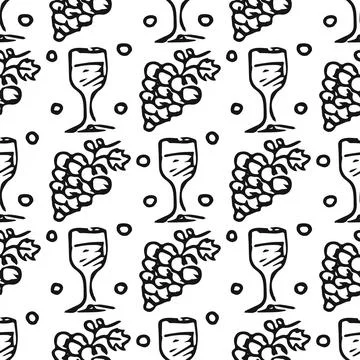 Seamless grape pattern. Doodle vector with grape icons. Vintage grape pattern 스톡 일러스트