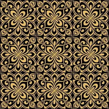 Seamless graphic abstract tile pattern, golden geometric ornament on black Stock Illustration
