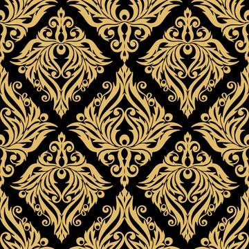Seamless graphic abstract tile pattern, golden geometric ornament on black Stock Illustration