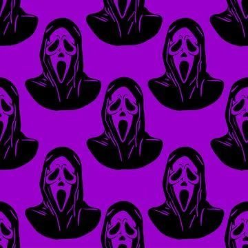 Seamless graphic black pattern mask scream on purple background Illustrazione stock