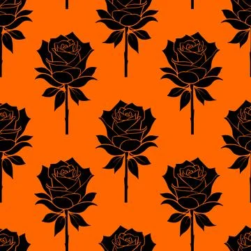 Seamless graphic floral pattern black roses on orange background, texture, .. Stock Illustration