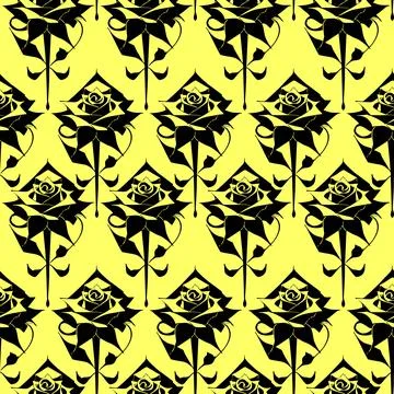 Seamless graphic floral pattern of black roses on a yellow background, text.. Stock Illustration