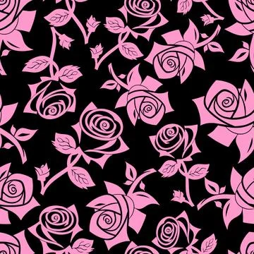 Seamless graphic floral pattern black roses on pink background, texture, desi Stock-Illustration