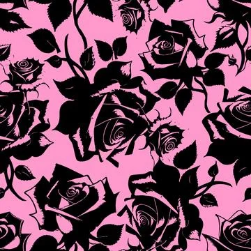 Seamless graphic floral pattern black roses on pink background, texture, desi Stock Illustration
