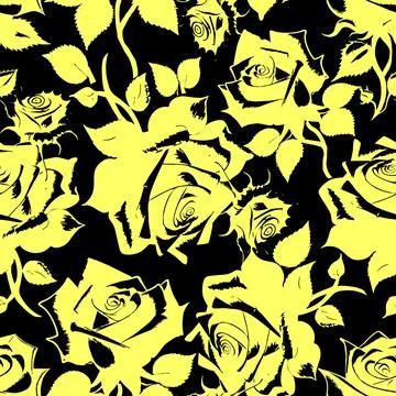 Seamless graphic floral pattern yellow roses on black background, texture, .. Illustrazione stock