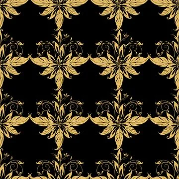 Seamless graphic gold pattern on black background, tile with floral ornament Stock-Illustration