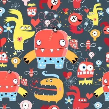 Seamless graphic pattern of amusing monsters Stock Illustration