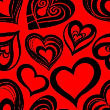 Seamless graphic pattern of black hearts on a red background, texture, design Stock Illustration