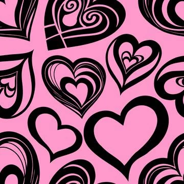 Seamless graphic pattern of black hearts on a pink background, texture, desig Stock Illustration