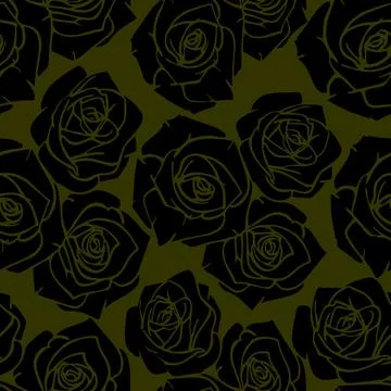 Seamless graphic pattern of black silhouettes of roses on a green Stock Illustration