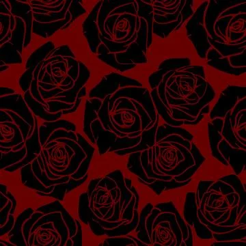 Seamless graphic pattern of black silhouettes of roses on a red background Stock Illustration