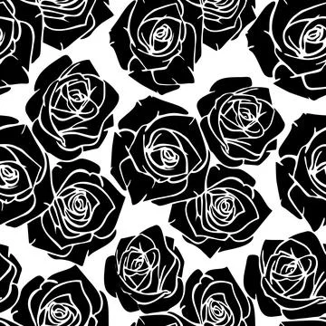 Seamless graphic pattern of black silhouettes of roses on a white backgroun.. Illustrazione stock