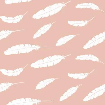 Seamless graphic pattern with falling feathers on a coral background. Stock Illustration