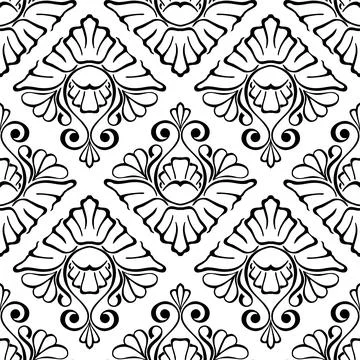 Seamless graphic pattern, floral black ornament tile on white background Stock Illustration