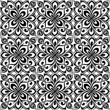Seamless graphic pattern, floral black ornament tile on white background Stock Illustration
