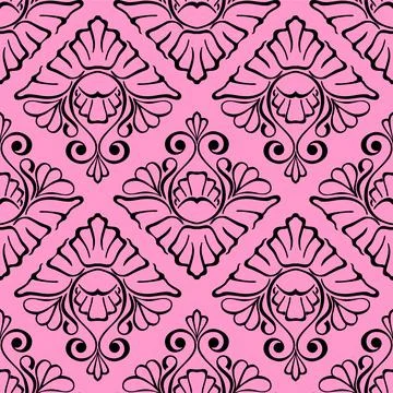 Seamless graphic pattern, floral black ornament tile on pink background Illustrazione stock