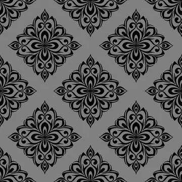 Seamless graphic pattern, floral black ornament tile on gray background Stock Illustration