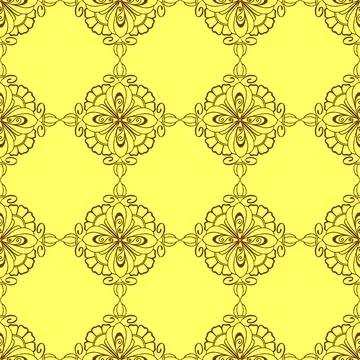 Seamless graphic pattern, floral brown tile ornament on yellow background Stock Illustration