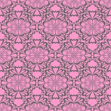 Seamless graphic pattern, floral gray ornament tile on pink background Illustrazione stock