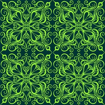 Seamless graphic pattern, floral olive ornament tile on dark green Illustrazione stock