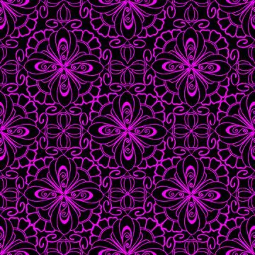 Seamless graphic pattern, floral pink ornament tile on black background Illustrazione stock